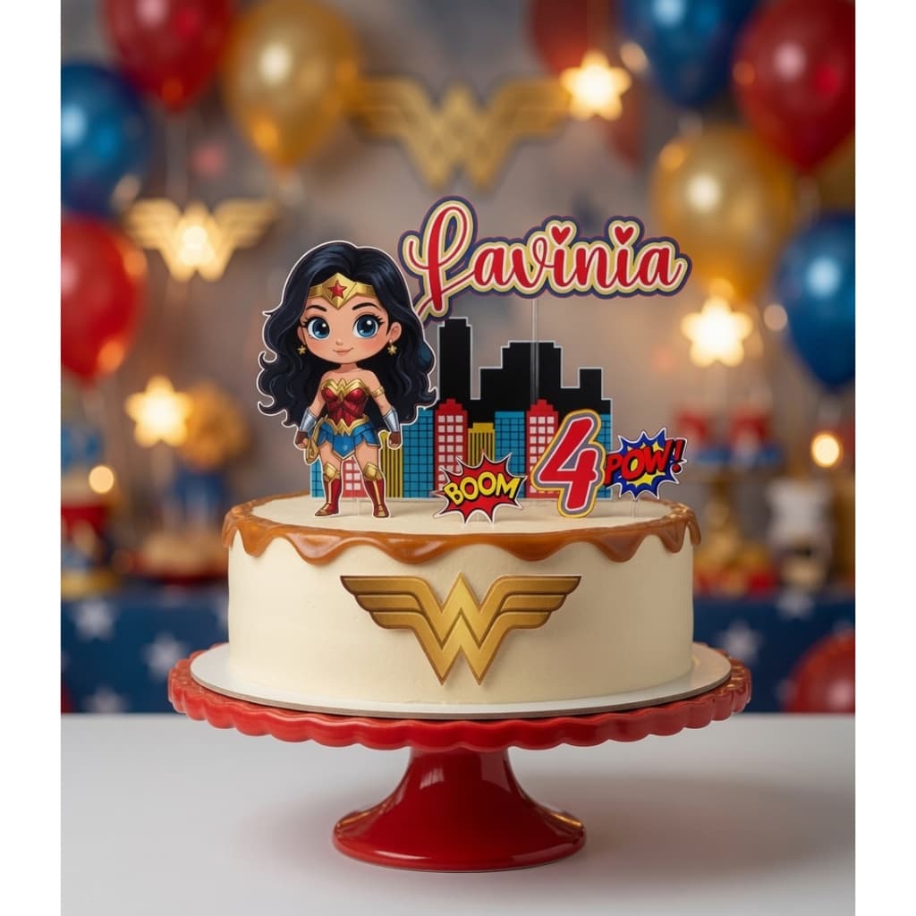 Topo de Bolo Personalizado Mulher-Maravilha com Nome e Idade | Festa Infantil Heroína