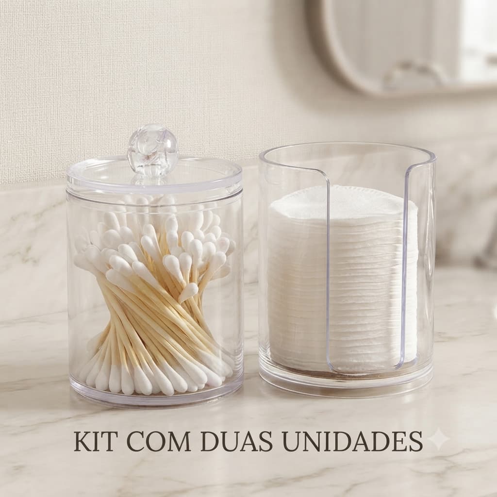 Kit 2 Porta Algodão e Cotonete Acrílico Transparente com Tampa Organizador para Banheiro Lavabo Penteadeira