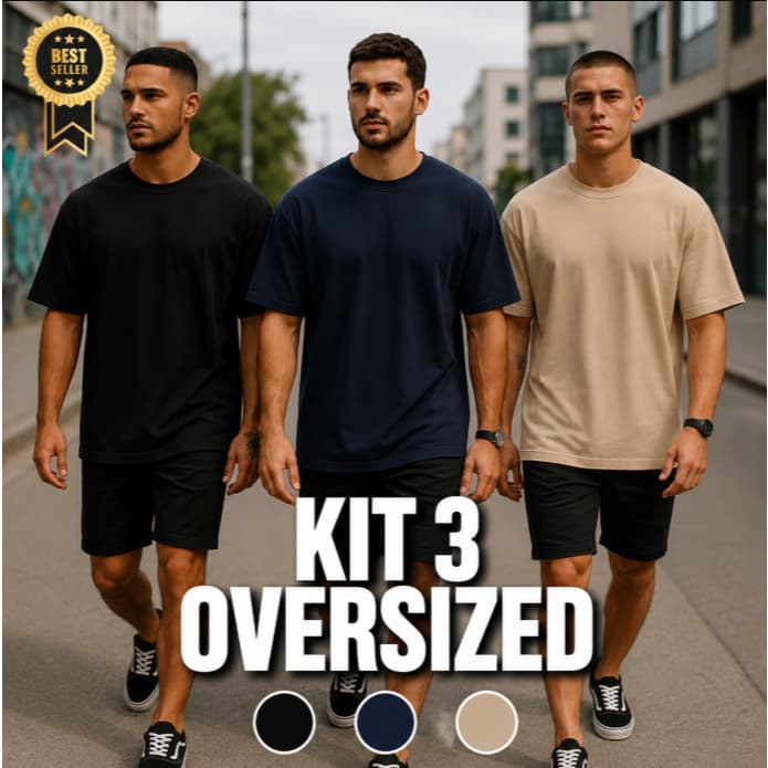 KIT 3 Camiseta Oversized Básica Streetwear Masculina