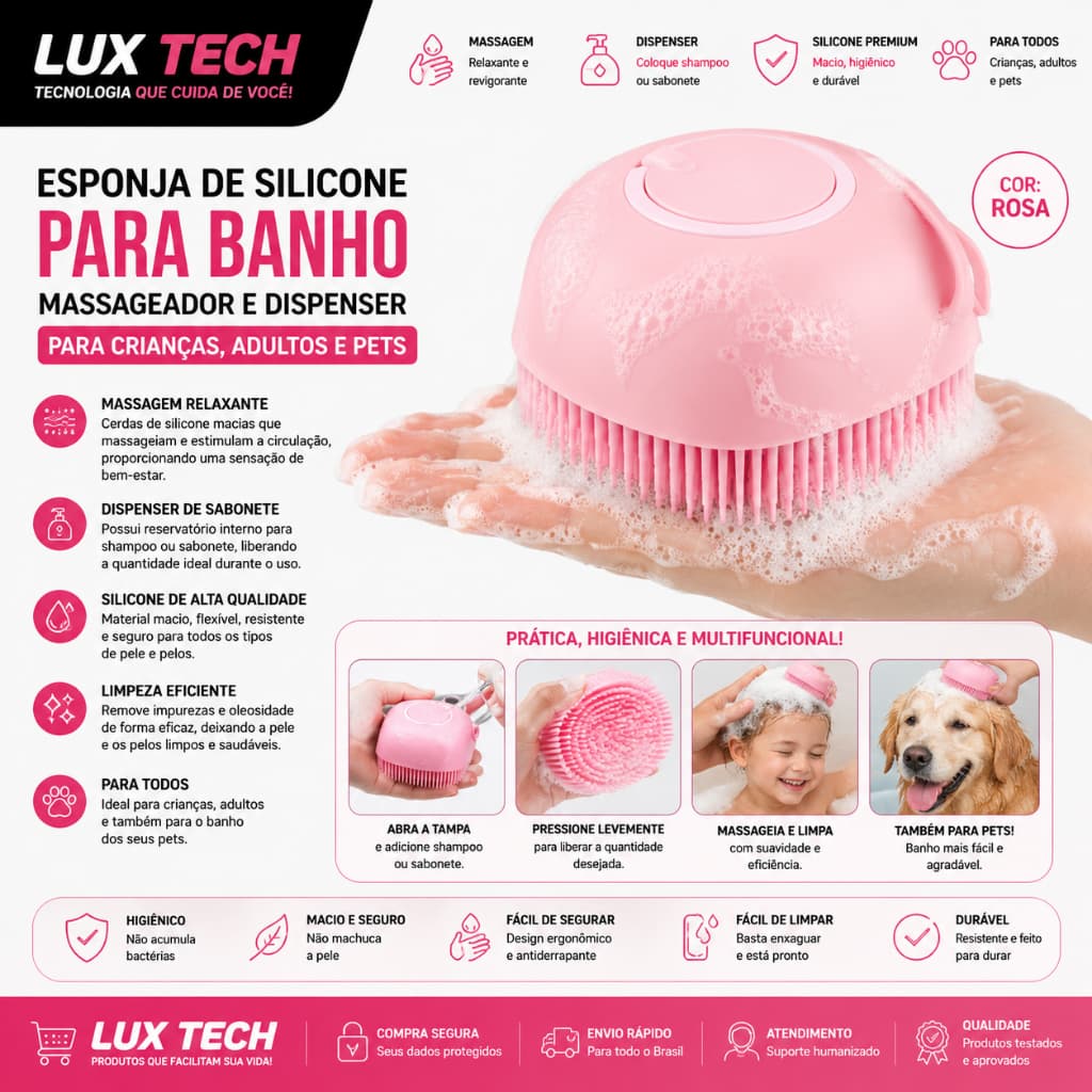 Esponja De Silicone Para Banho Massageador Dispenser Shampoo Sabonete Escova Crianças Adultos e Pets Cor:Rosa