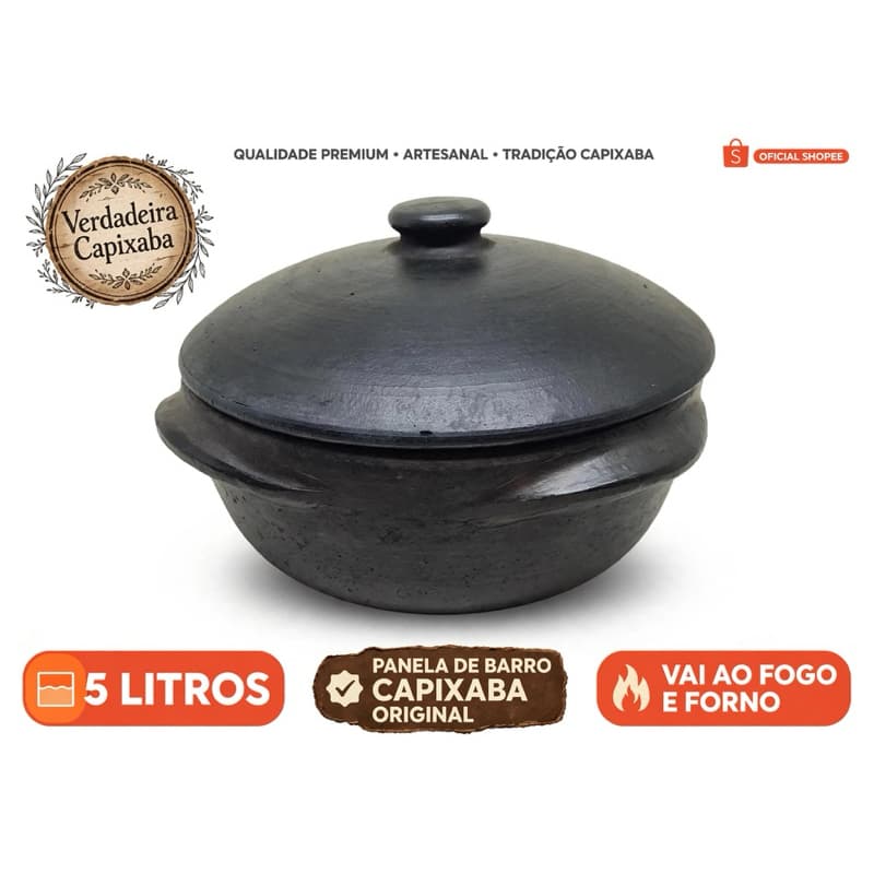Panela De Barro Capixaba 5 Litros Original Com Tampa - Verdadeira Capixaba - Moqueca Capixaba/ pirão/ arroz/ caldos