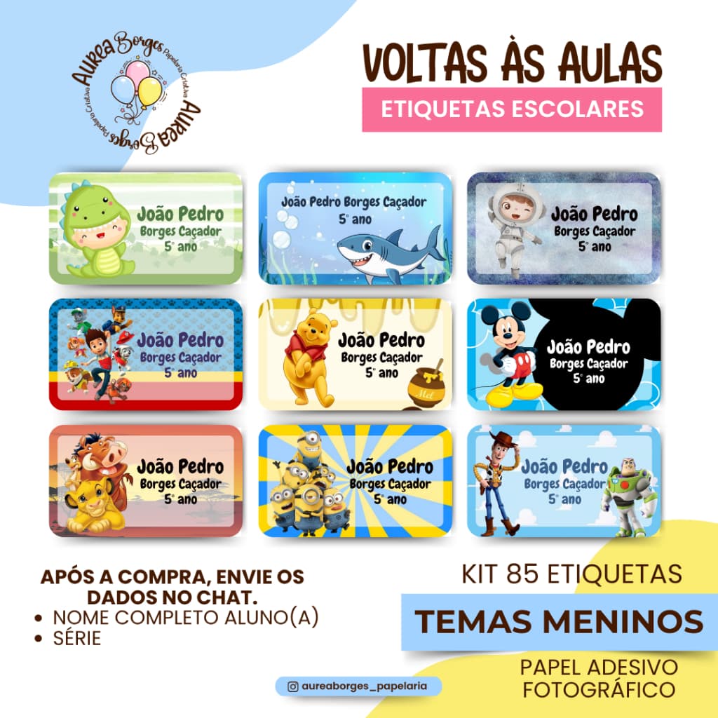 Kit 85 Etiquetas Escolares Personalizadas Tema Menino Adesivos Fotográfico Volta às Aulas Dinossauro