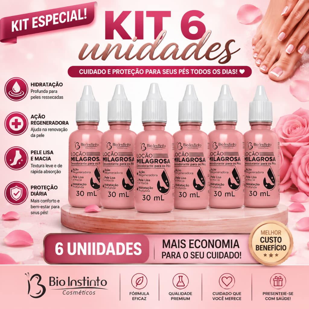 kit 6 unidades Loção milagrosa 30 ml hidratante para pés e mãos - Bio instinto