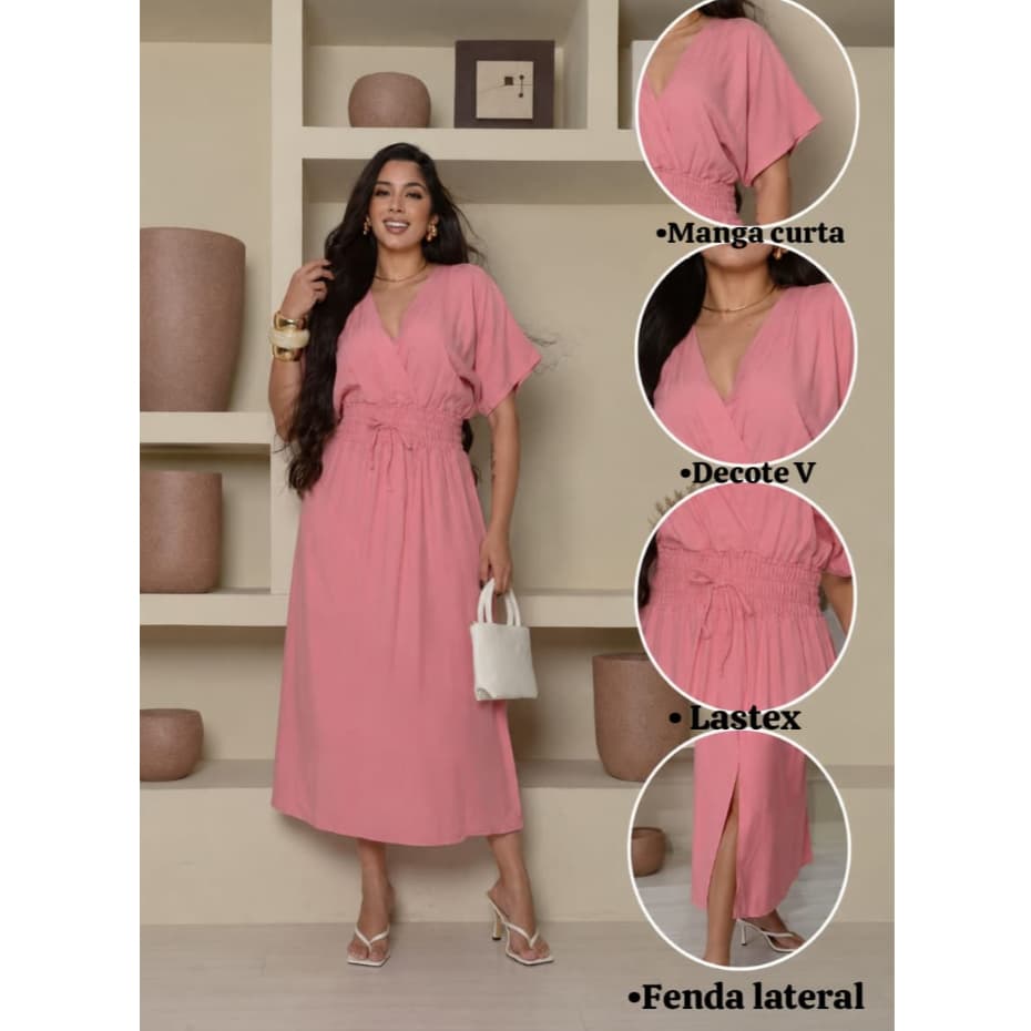 Vestido Bata Midi Femenino , Tecido Viscossarja , Decote em V Sem Bojo