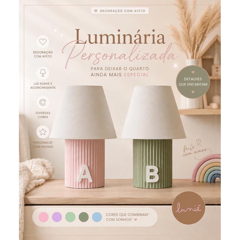 Abajur Infantil Personalizado com Letra |Luminária de Mesa Canelada | Quarto de Bebê | Cores Pastel
