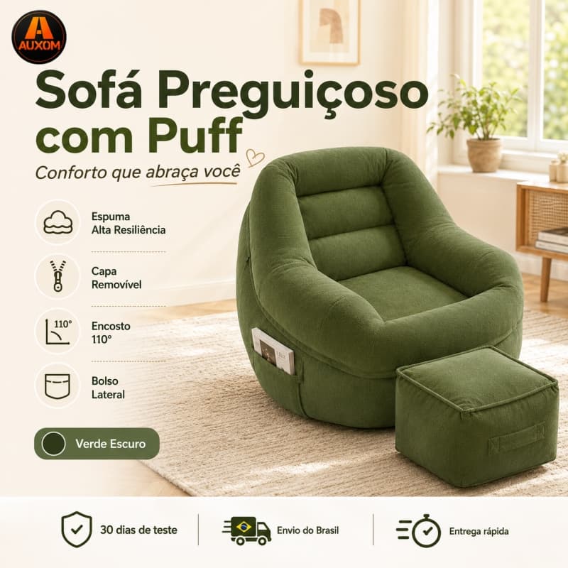 Sofá Preguiçoso Ergonômico com Puff Cadeira de Descanso Verde Escuro Capa Lavável Sala Quarto