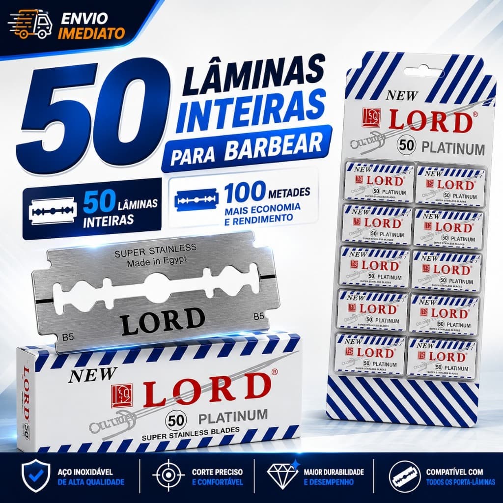 Kit 50 Lâminas de Barbear Lord Platinum Profissional | Gillette p/ Navalha e Barbeiros