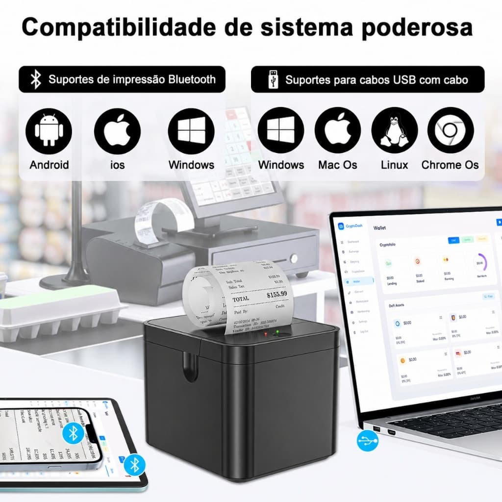 Impressora de Cupom Térmica 58mm Bluetooth e USB Portátil para Balcão Caixa Comércio