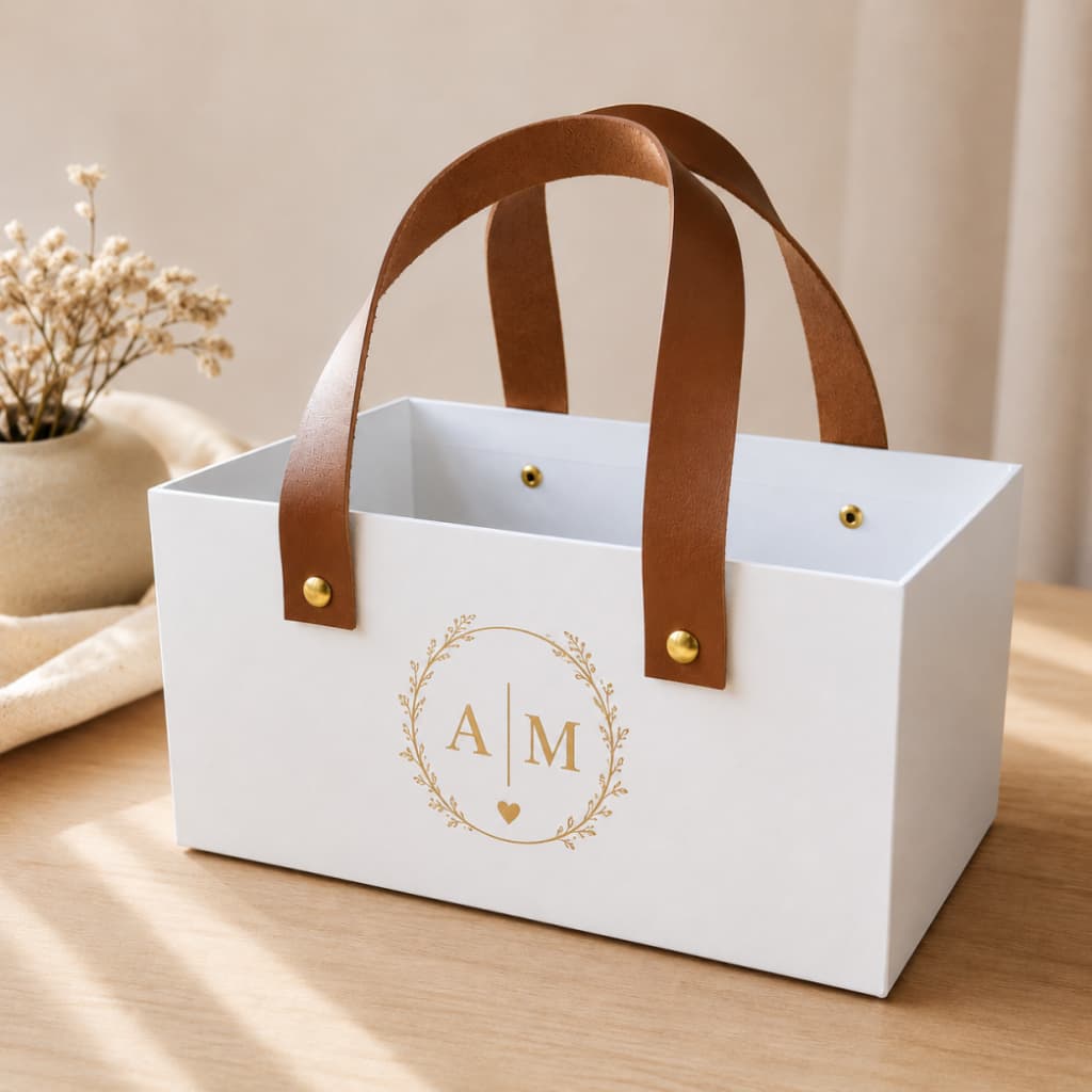 Caixa Cartonada Tipo Cesta com Alça de Couro Sintético 25x15x12cm | Presente Casamento Padrinhos Datas Especiais