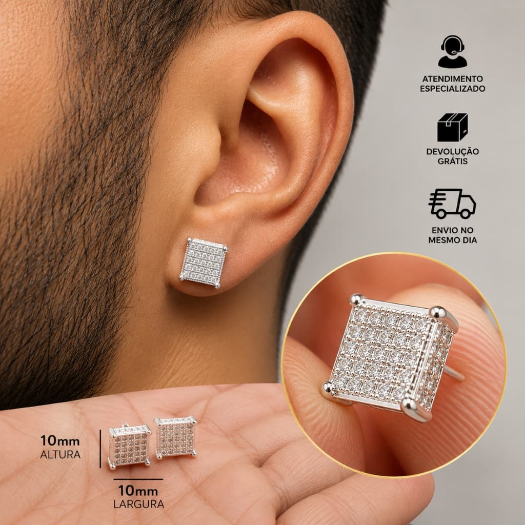 Brinco Masculino De Prata C/ Pedras Brilhantes Quadrado Banhado a Prata 925 Brinco Cravejado