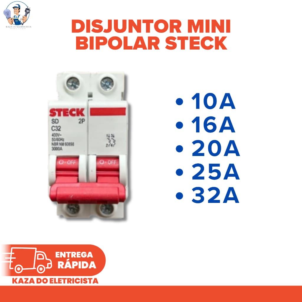 KIT 2UN Disjuntor Bipolar Steck Curva C 10A 16A 20A 25A 32A Din Proteção Elétrica *Kit 1/ 2 / 4 Un