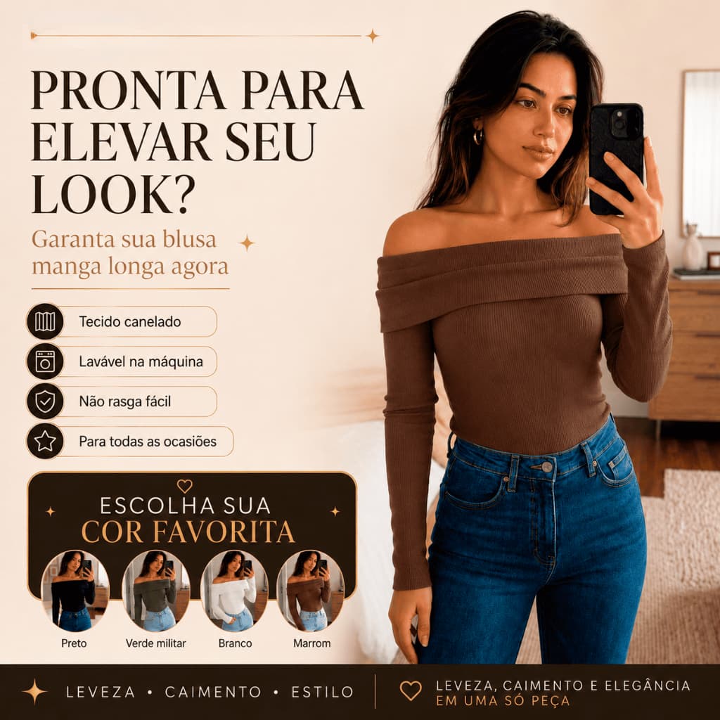 Kit com 2 Blusas Femininas Caneladas Ombro a Ombro Manga Longa Básica Elegante