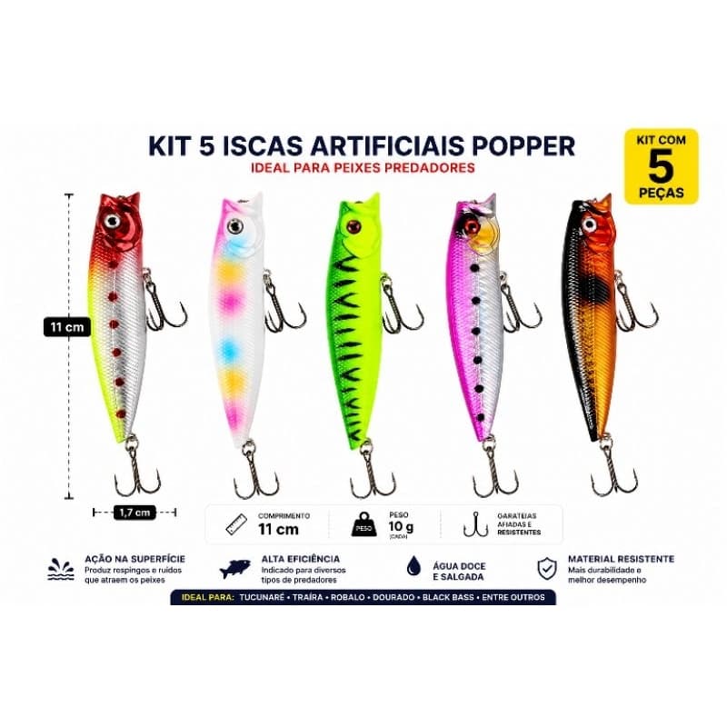 kit Iscas artificiais superfície Popper brava, para tucunaré, robalos, trairas