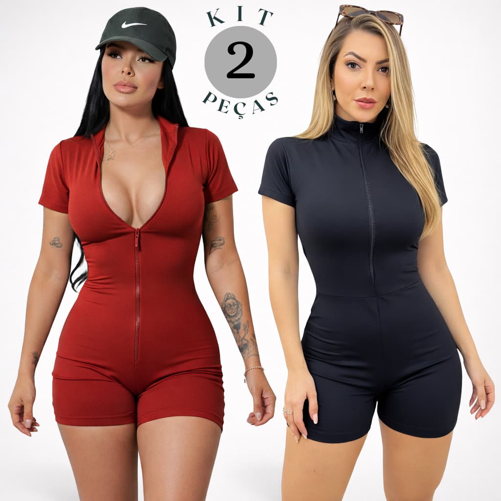 Kit 2 Macaquinho Feminino Moda Gringa Fitness Macacão Gringo Short Curto Manga Curta Ziper Academia