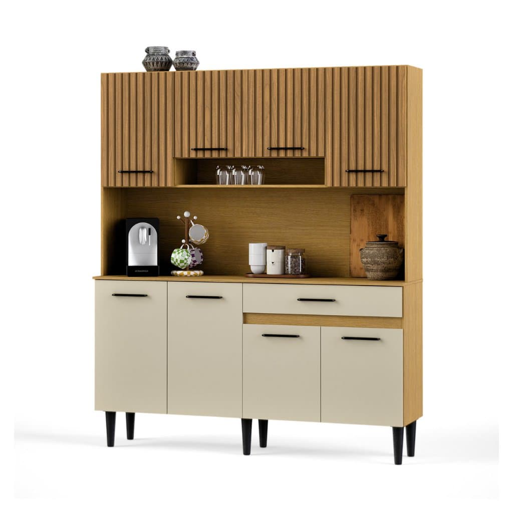 Armário De Cozinha Completa Com Balcão 8 Portas E Gaveta Com Nicho Organizador Compacta Sofia