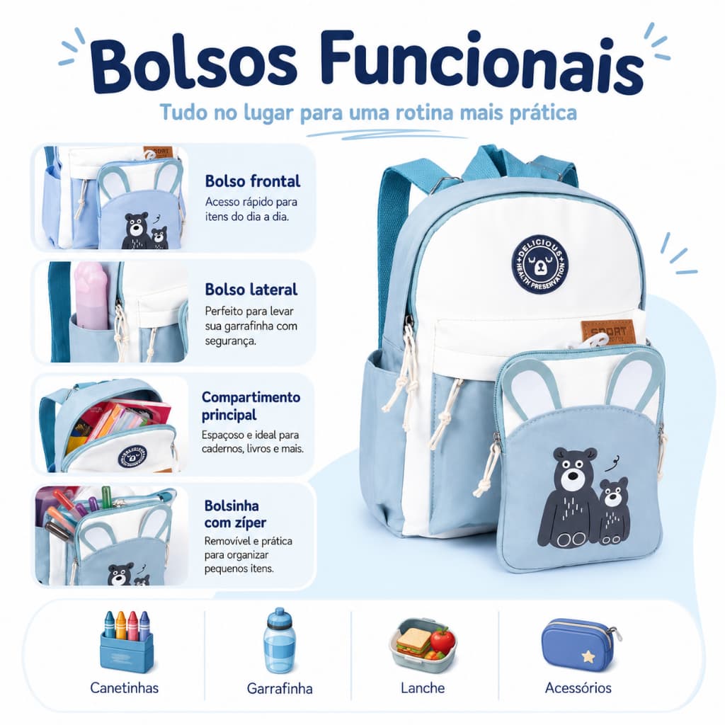Mochila Infantil Leve com Estampa de Urso, Design de Orelhas de Coelho para Passeios e Pré-Escola Grande Capacidade