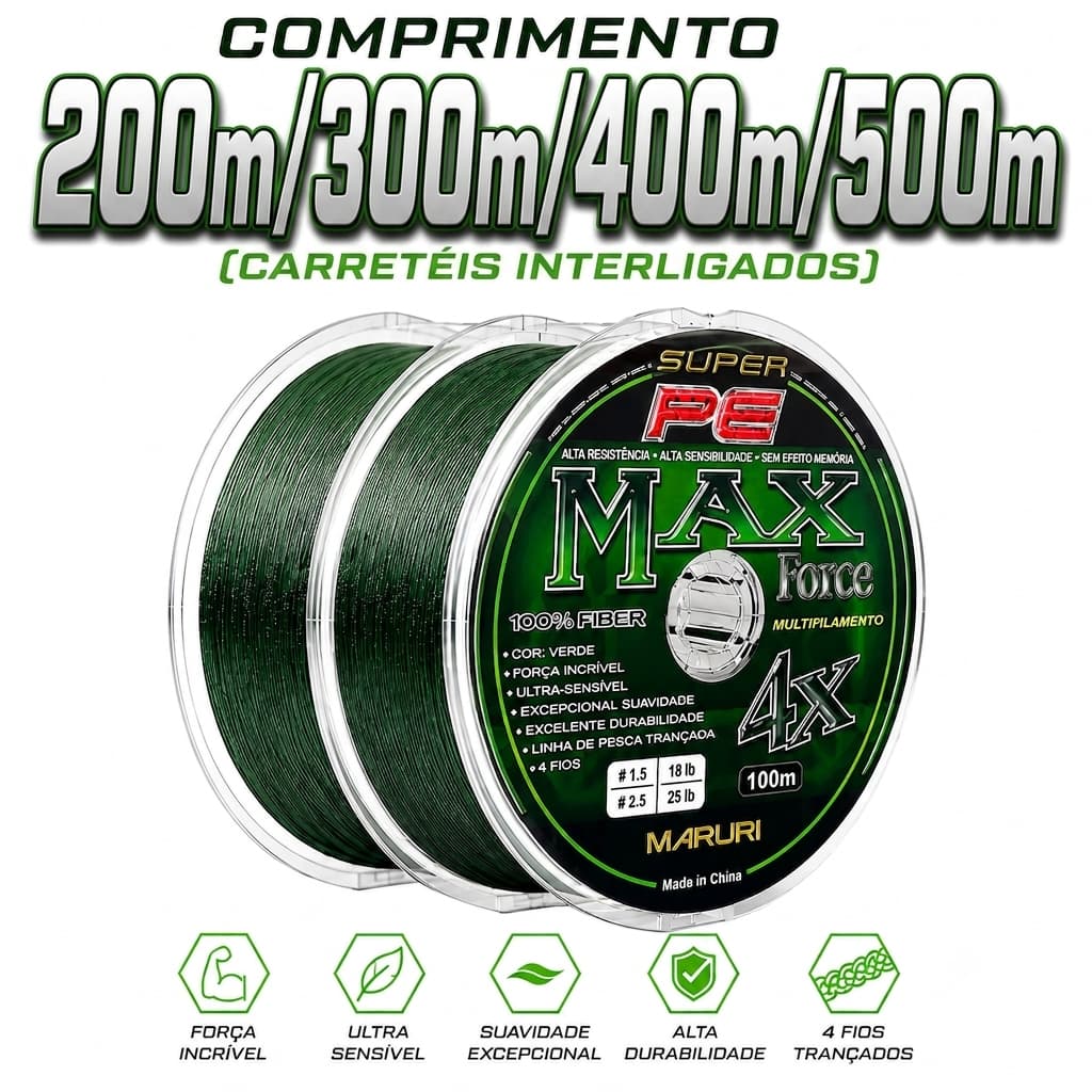 Linha De Pesca Max Force 4x Multifilamento 200m/300m/400m/500m (Interligados) Resistência Sem Efeito Memória