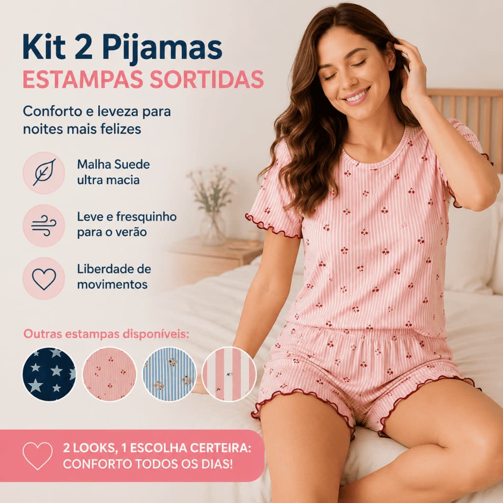 Kit 2 Pijamas Femininos Suede/Viscose Verão Conjunto Curto Estampas Sortidas Confortável Promoção