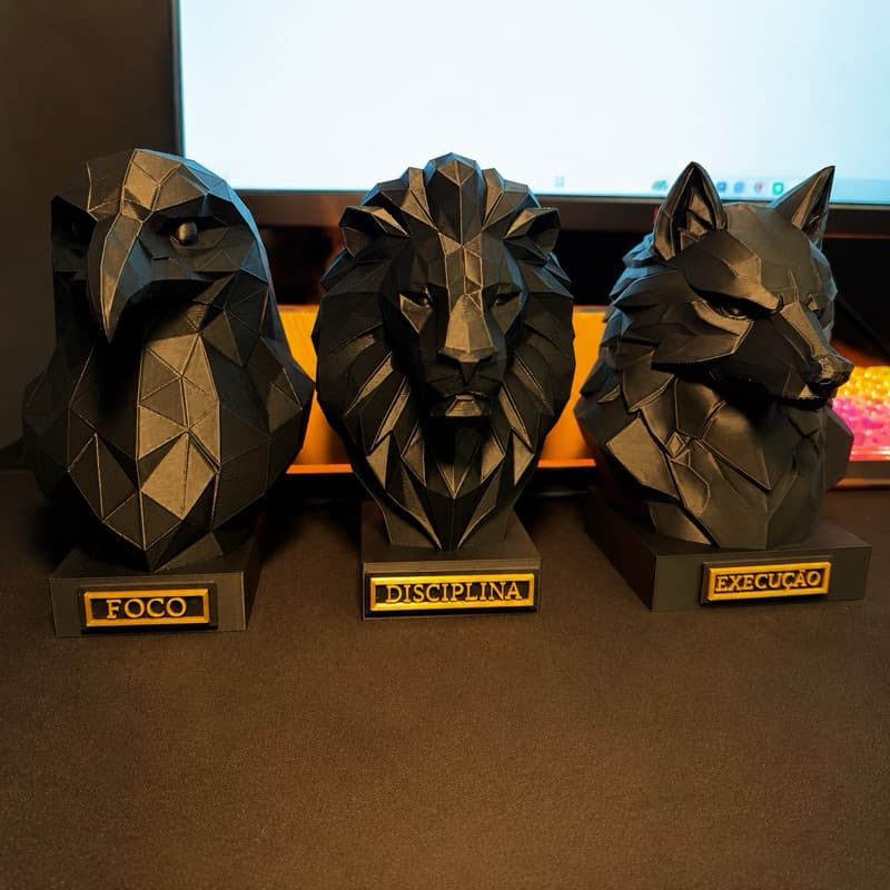Kit Esculturas Decorativas Low Poly Águia Leão Lobo | Foco Disciplina Execução
