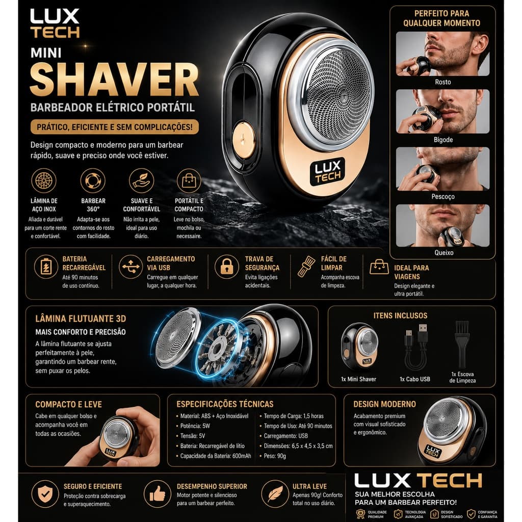Mini Shaver Barbeador Elétrico Portátil Recarregável Aparador Cor:Preto