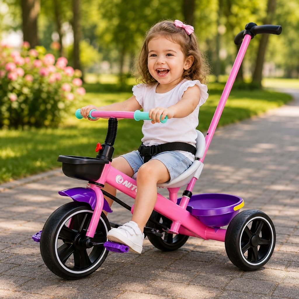 Triciclo Infantil Completo com Cadeirinha Empurrador Ajustavel Rosa Infantil Seguro