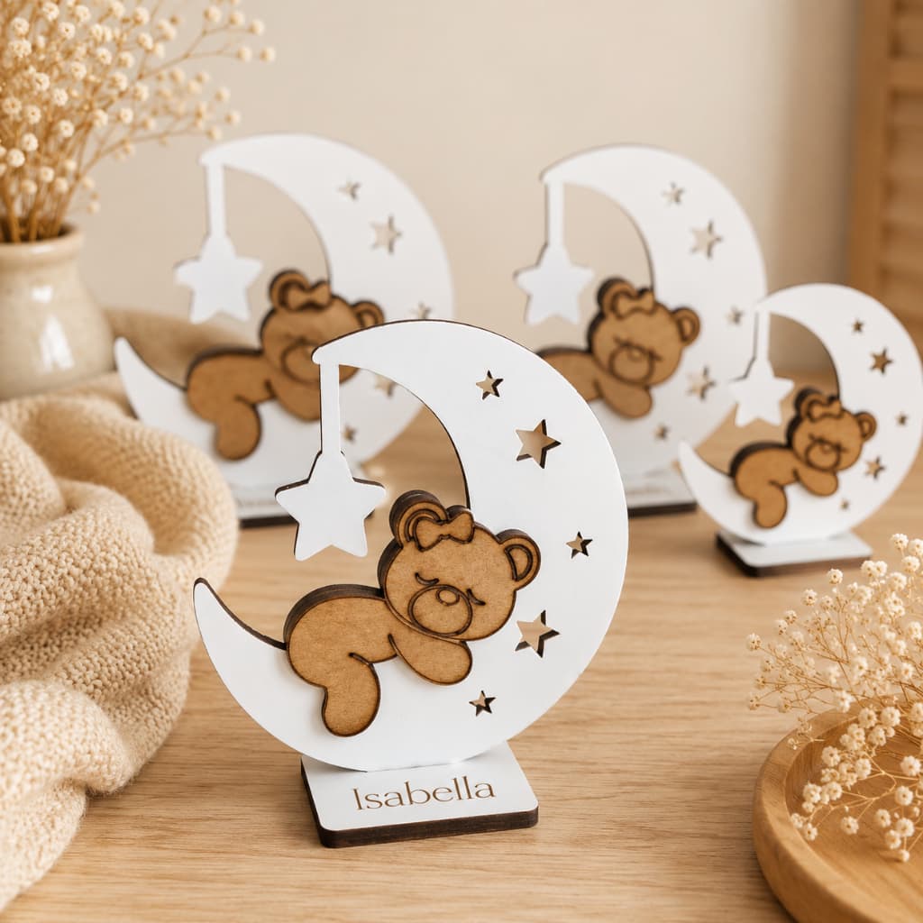 Kit 30 Centros de Mesa Ursinha com Laço na Lua MDF Branco para Bebê Menina Enfeite Chá de Bebê