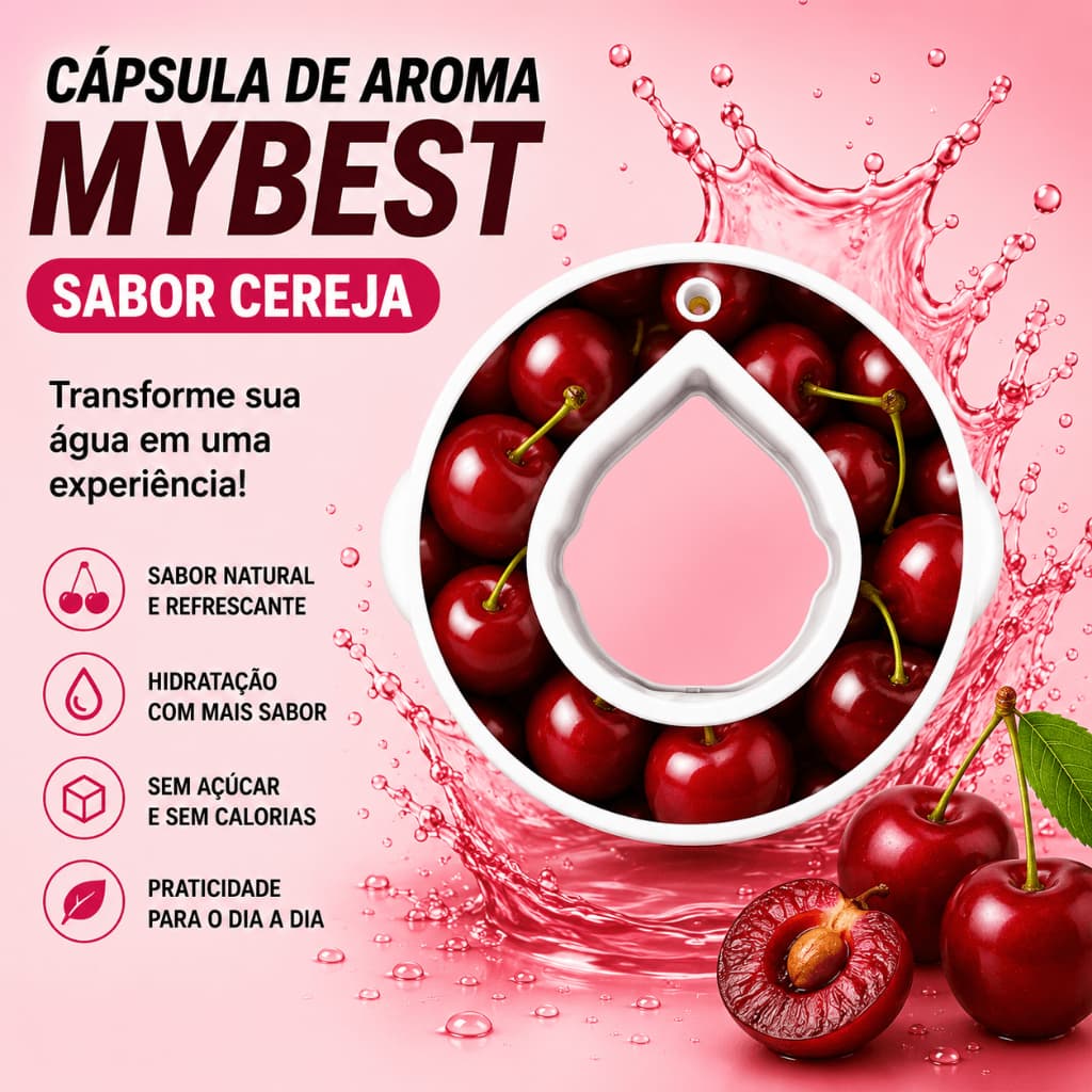Cápsula Aroma My Sense Sabor Cereja Refil para Garrafa Sensorial Água Hidratação Sem Açúcar