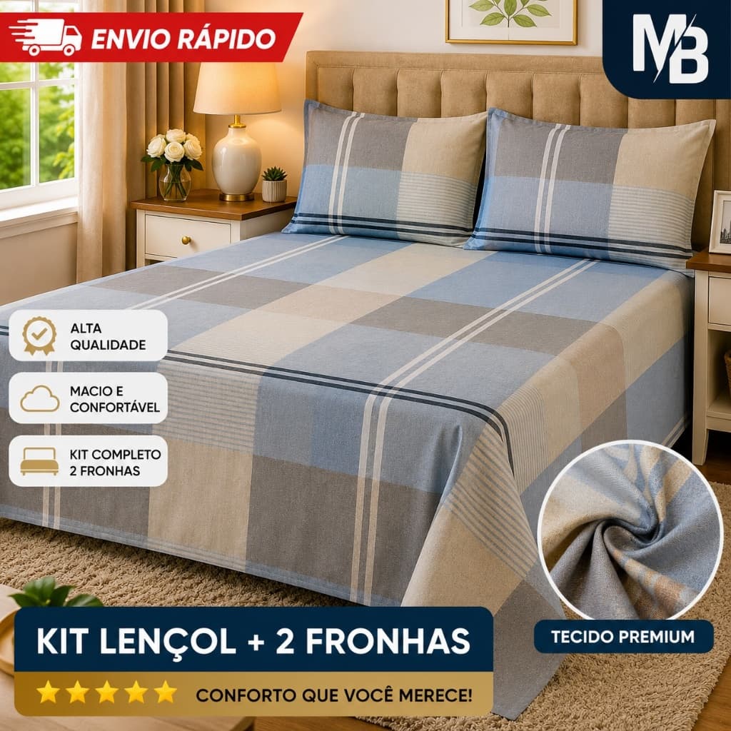 Jogo de Lençol Queen Casal 3 Peças Toque de Algodão com 2 Fronhas Macio Resistente Lavável Não Desbota