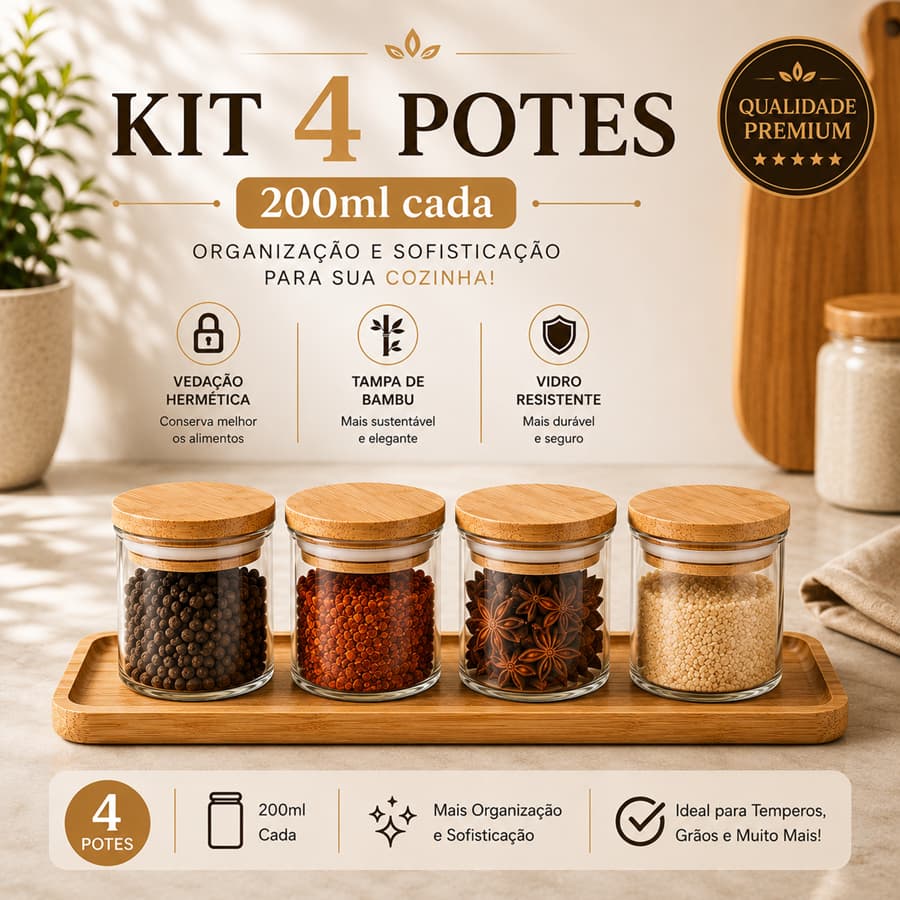 Kit 4 Potes Herméticos Porta Mantimentos 200ml Vidro Tampa De Bambu