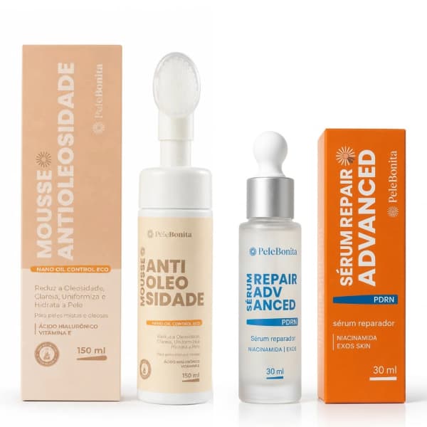 Kit Sérum Reparador PDRN Exossomos e Mousse Antioleosidade  Niacinamida Limpeza Facial Pele Bonita Carlinhos Maia
