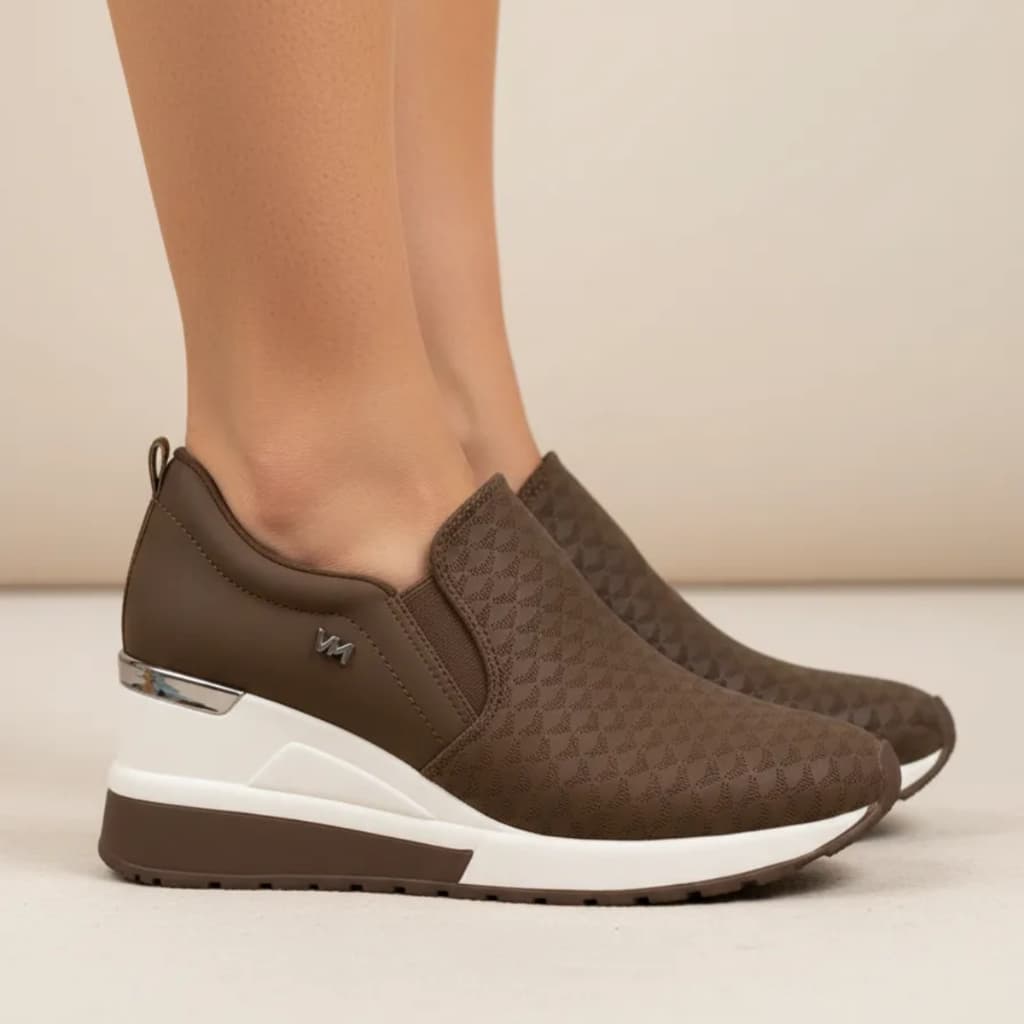 Tênis Feminino Anabela Via Marte Com Elástico Calça Fácil Preto/Prata Slip On Marrom Conforto Moda