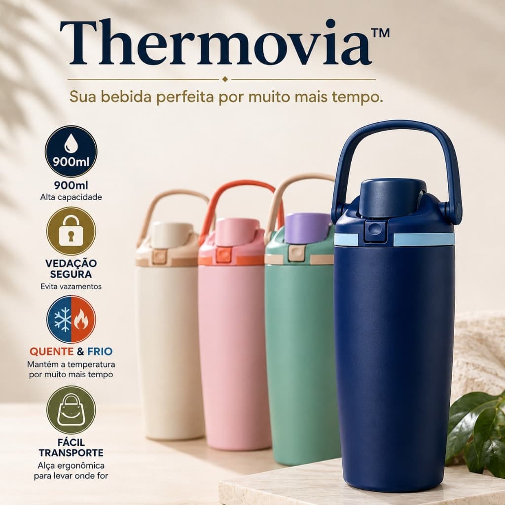Garrafa Térmica Portátil 900ml com Alça e Canudo Antivazamento Mantém Bebidas Quentes e Frias Thermovia™