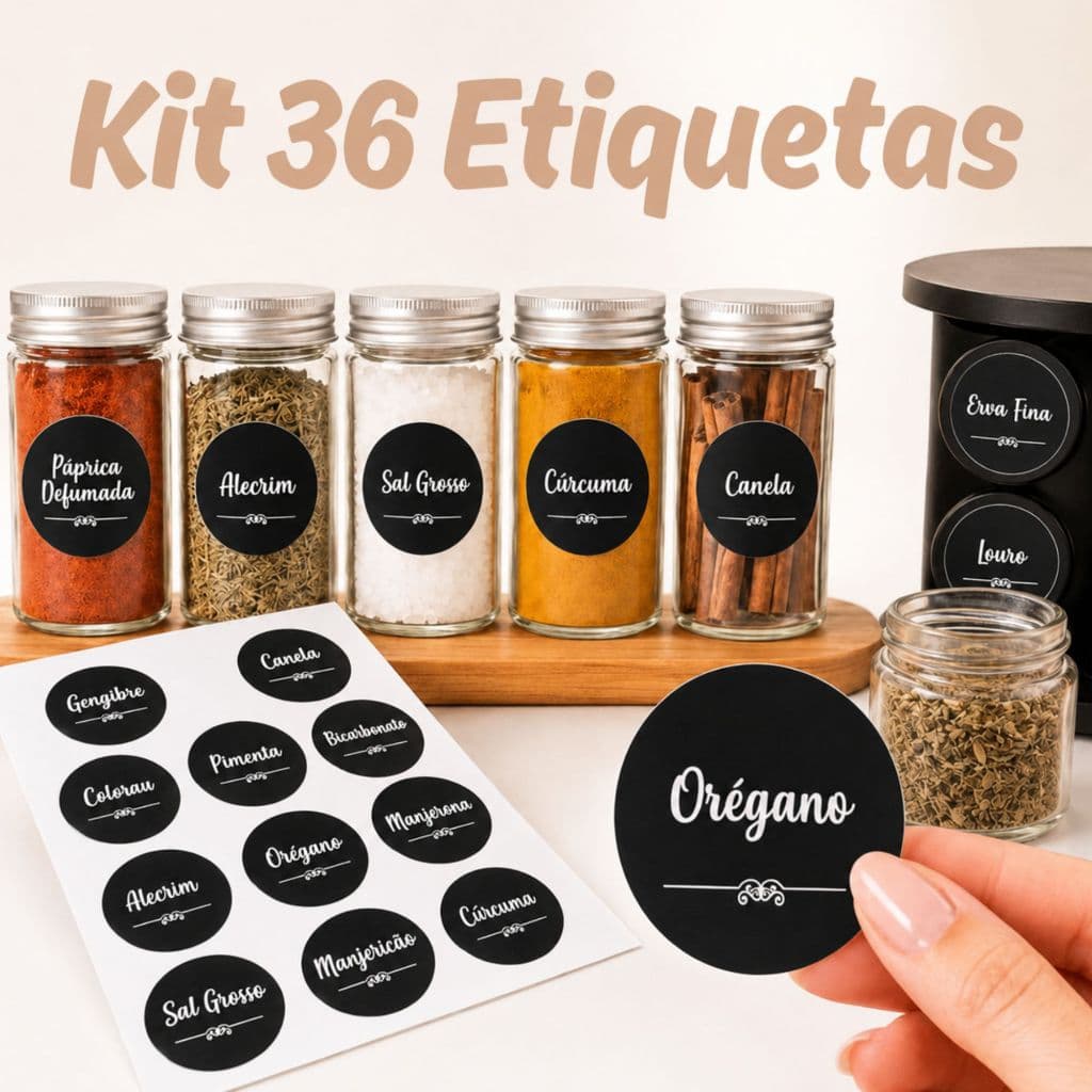 Kit 36 Adesivos Etiquetas Temperos Condimentos Potes Vidro Rótulo Adesivo Vinil Prova D'água Organização Cozinha Adesivo