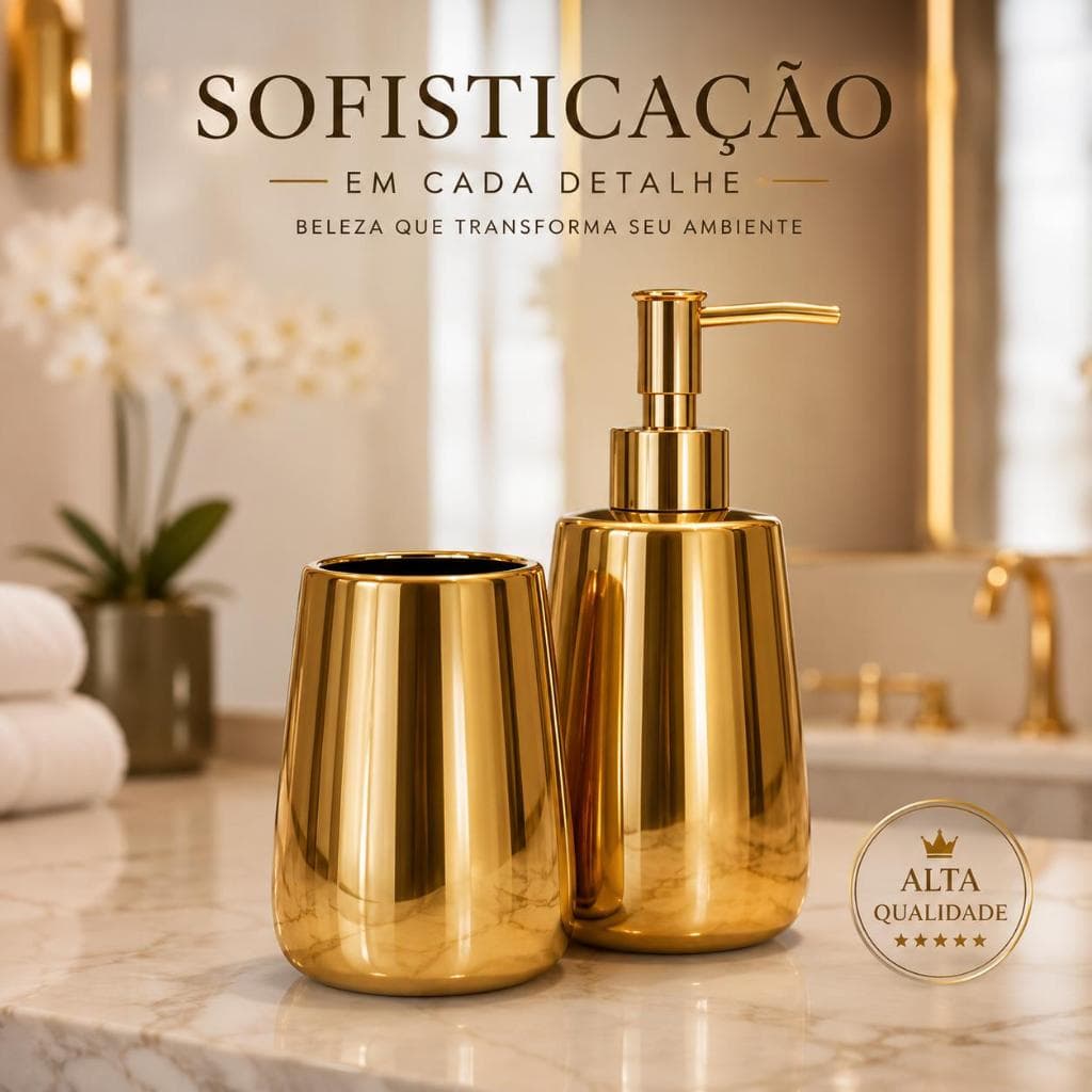 Jogo Banheiro Porcelana Gold 2pçs Saboneteira Copo Dispenser Dourado