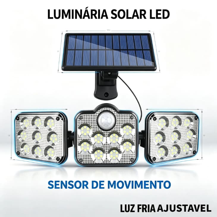 Luminária Solar Led com Sensor de Movimento Luz Fria Ajustável para ambientes externos Solar Giratório Sensor Movimento