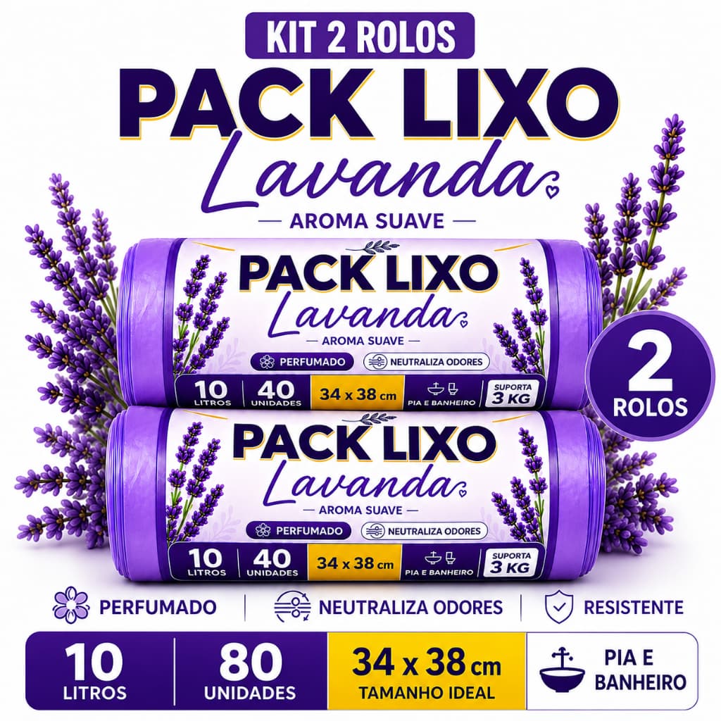 Kit 2 Rolos Saco de Lixo Perfumado Lavanda 10L 80 Unidades 34x38cm Pia Banheiro Resistente Antiodor