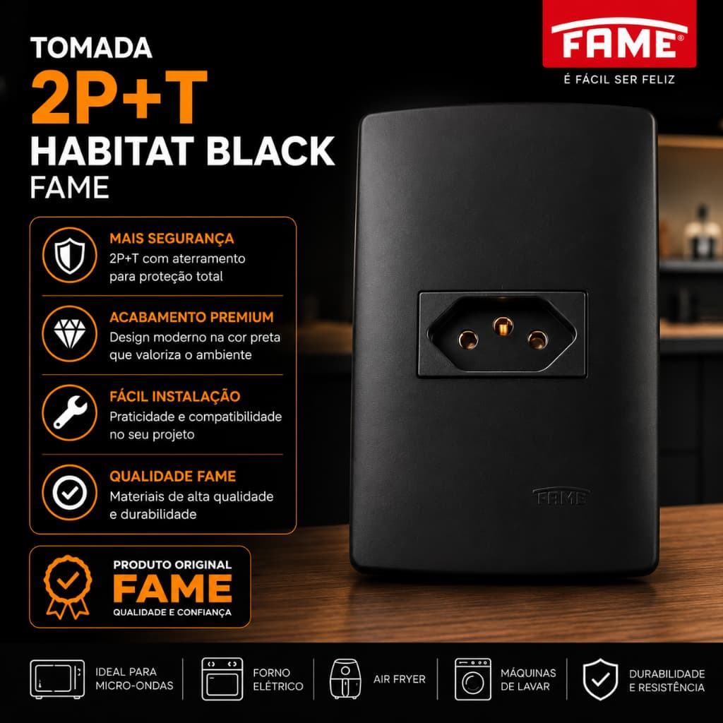 Tomada 2P+T 10A Habitat Black Fame Preta Original | Acabamento Premium | Segurança e Durabilidade