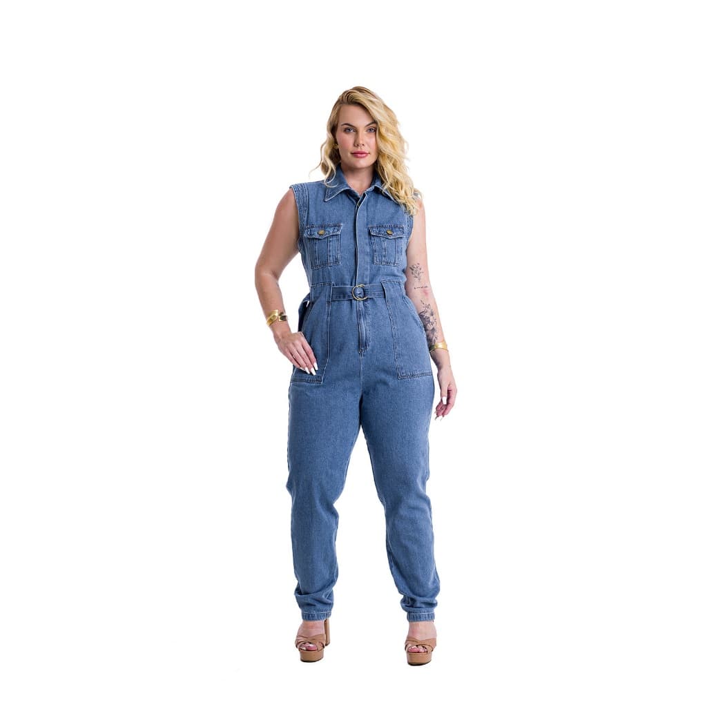 Macacão Slouchy Plus Size Jeans Premium com Botões Invisíveis Social Elegante