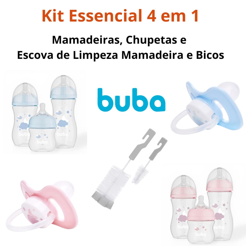 Kit Essencial 4 em 1 Buba 2 Chupetas, Mamadeiras 120/270/330 ml e Escova de Limpeza Bicos e Mamadeira