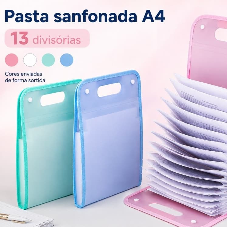 Pasta Sanfonada A4 com 13 Divisórias e Alça para Documentos