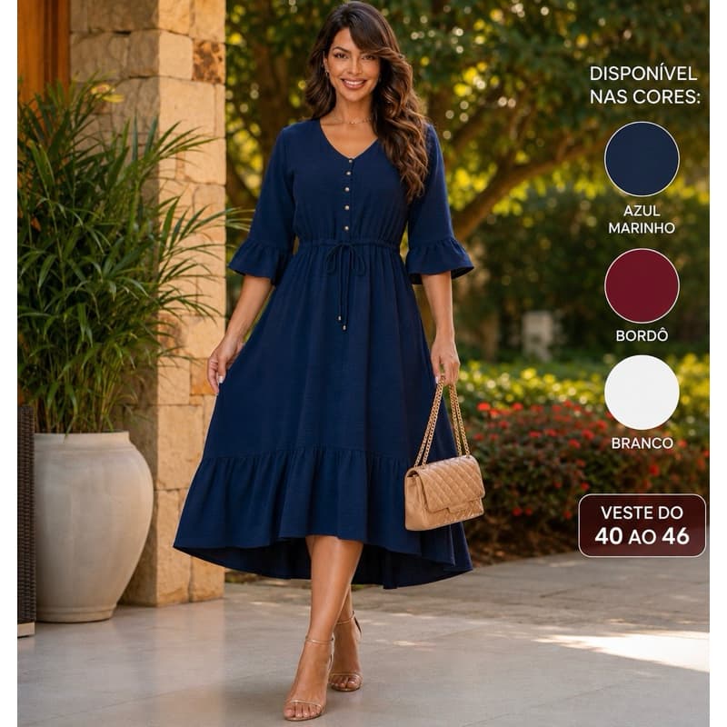 Vestido Midi Manga Flare Evangélico Casual Elegante Tecido Dunas Forrado Modesto Tendência Clássico Premium