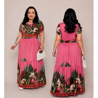 Vestido Femenino PlusSize Longo Duna Premium Estampado  Manga Tulipa Elegante Confortavel Evangélico