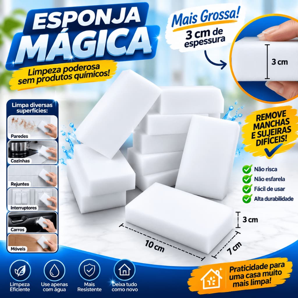 Esponja Mágica Multiuso Premium 10x7x3cm – Remove Sujeiras Difíceis Sem Produtos Químicos