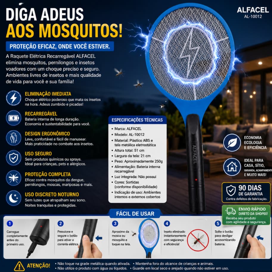 Raquete Elétrica Recarregável Mata Mosquitos Dengue | Portátil, Ergonômica | Proteção Eficaz In