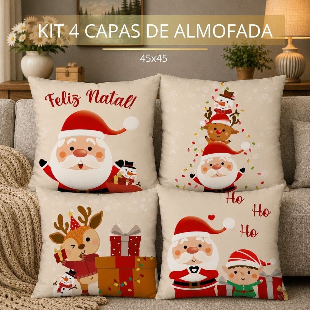 NATAL! Kit com 4 Capas para Almofadas Decorativas 45x45cm Natal Noel e Amigos