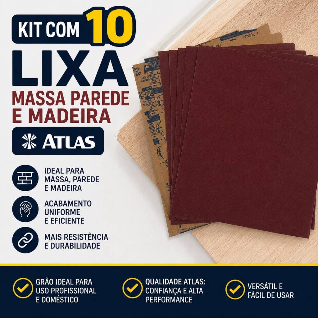 Lixa Atlas Massa Madeira Parede Grão 80 Ao 220 C/ 10 Folhas  Kit Lixa de Parede Madeira