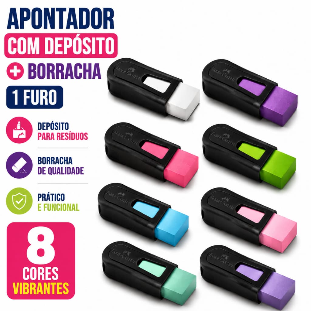 Apontador Com Depósito e Borracha Faber Castell Mix Escolar 1 Furo Cores Vibrantes