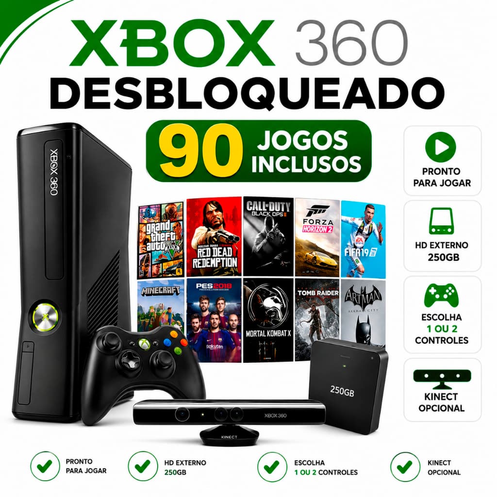 Console Xbox 360 Super Slim Preto + 90 Jogos + Controle + Kinect + Gta5 + Fifa 19 + Minecraft