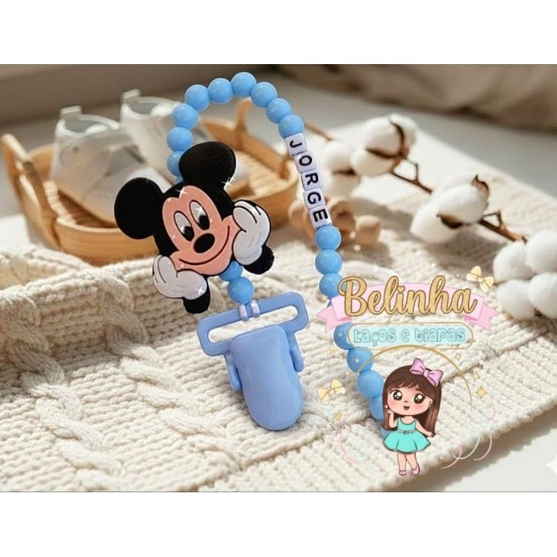 Prendedor de Chupeta Personalizado com Nome Mickey Azul  Porta Chupeta Bebê Menino Presente Maternidade Artesanal