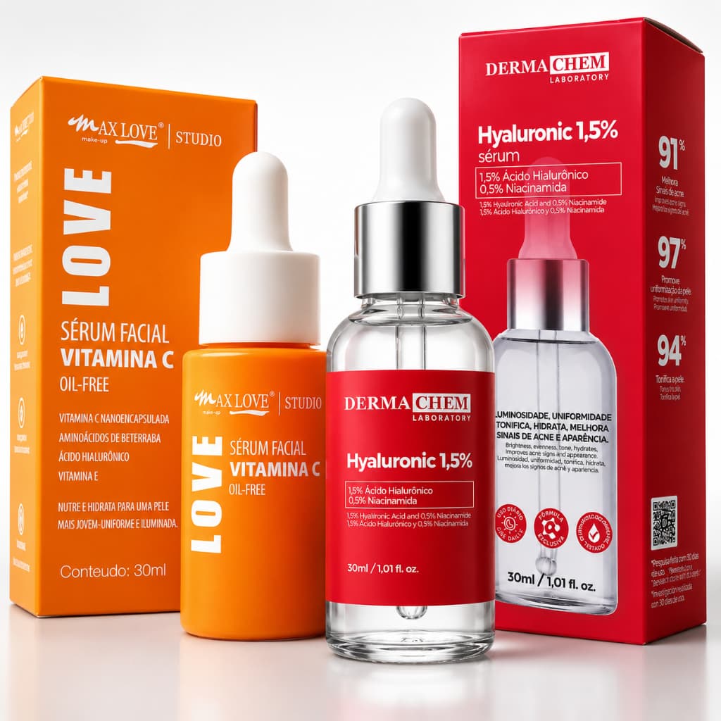 Skincare Kit Facial Vitamina C Max Love + Ácido Hialurônico Dermachem Pele Iluminada e Hidratada